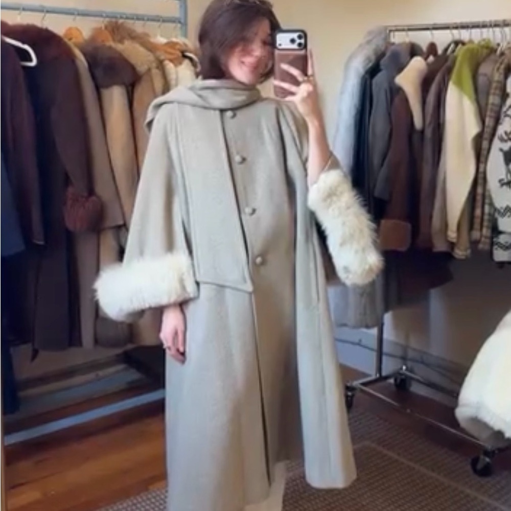 60s Wool Cape Coat with Arctic Fox Trim